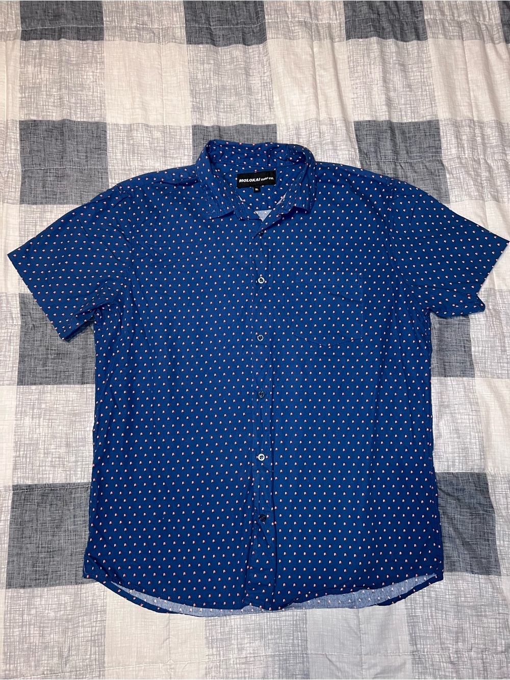 🔵Short-Sleeve Navy Button-Down Shirt with Micro Diamond Print